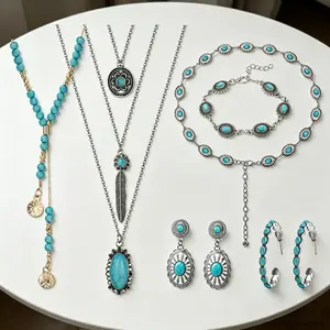 Women Western Matching Jewelry Set, 6Pcs Vintage Turquoise Complete Accessory Kit With Long Necklace, Earrings, Bracelets & Waist Belt, Retro Cowgirl Outfit Combo, Trendy All-in-one Gear For Daily Festival Country Concert Styling,customized