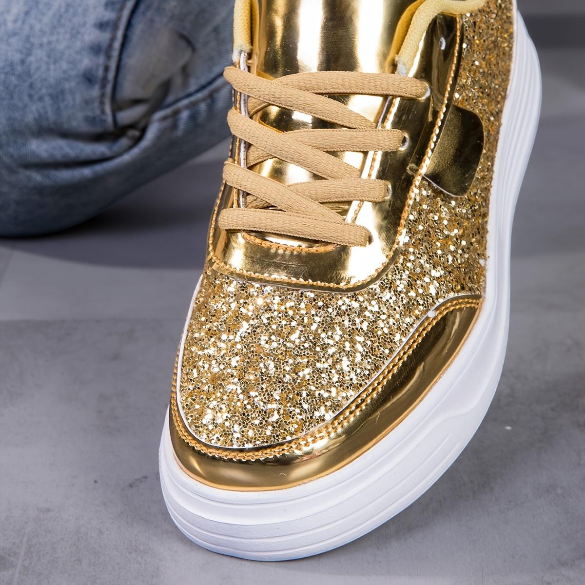 Women's fashion glossy sneakers with sparkling sequins, running shoes, street skate shoes, non-slip spring summer mesh breathable lace-up casual shoes, thick sole height incr dance shoes, lightweight soft sole low-top walking shoes