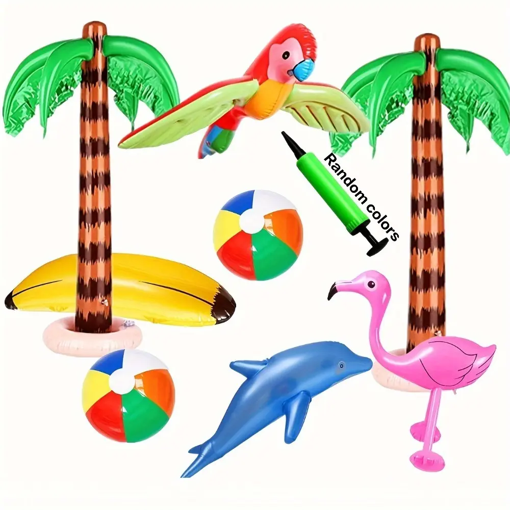 9-Piece Inflatable Hawaii Party Set, Includes Coconut Trees, Beach Balls, Parrot, Flamingo, Banana, Dolphin, Pump, for Beach Pool Adult Parties