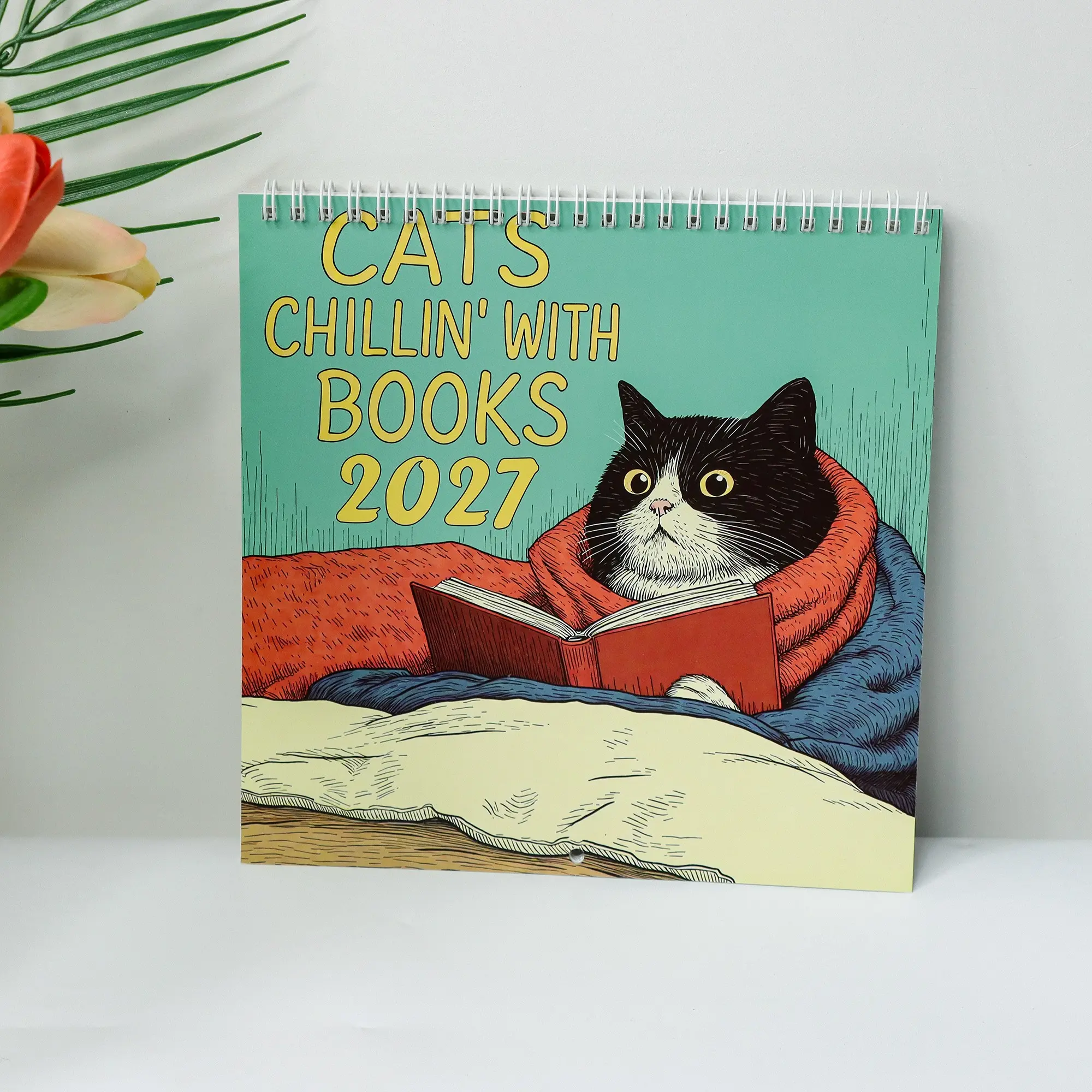 2027 Lazy Reading Cat Theme Coil Calendar, Cute Illustrative Desktop Monthly Planner, Decorative Wall Hanging Calendar