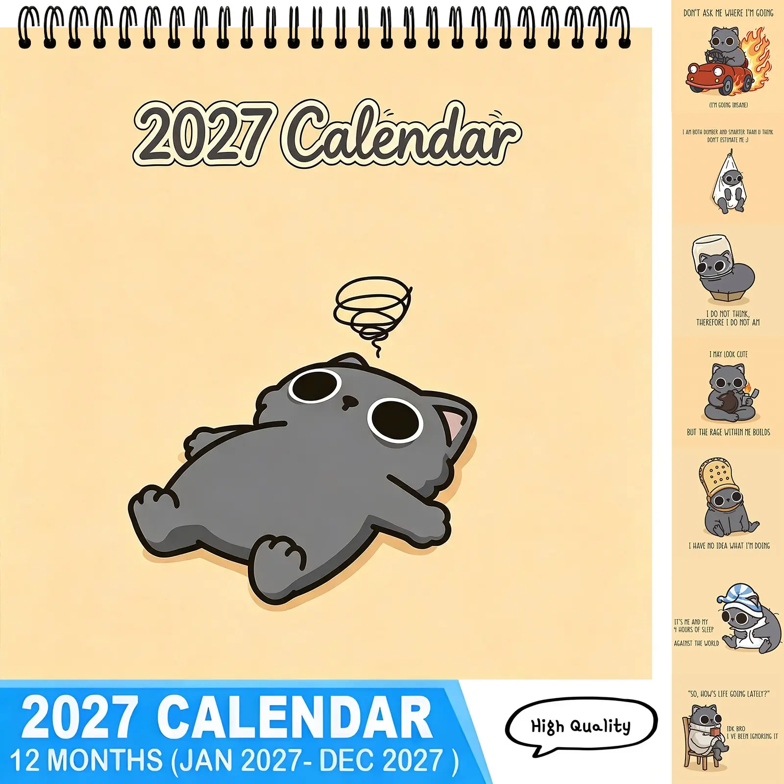 2027 Sarcastic Meme Cat Wall Calendar 12‑Month Jan‑Dec Spiral Bound Desktop Calendar Funny Lazy Cat With Quotes Home Office Decor Gift For Cat Lovers,Hilarious Quotes Novelty Home Office,New Year Calendar