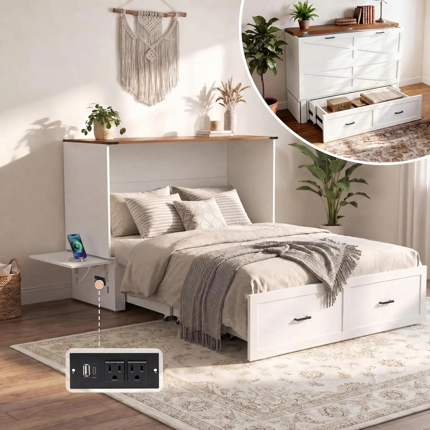 Queen Murphy Bed with Storage & Charging Station, Noiseless Farmhouse Cabinet Bed with Foldable Panel & Large Drawer, Hideaway Platform Bed for Living Room, Guest Bedroom – White (Without Mattress)