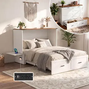 Queen Murphy Bed with Storage & Charging Station, Noiseless Farmhouse Cabinet Bed with Foldable Panel & Large Drawer, Hideaway Platform Bed for Living Room, Guest Bedroom – White (Without Mattress)