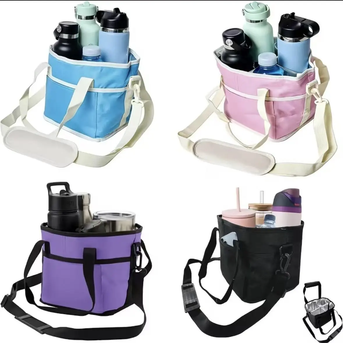Portable 4‑compartment drink bag, insulated cup holder with adjustable shoulder strap, 4‑slot beverage carrier with removable dividers and front pocket.Ideal for hiking, sports and daily outings, available in multiple colors.  storage bag