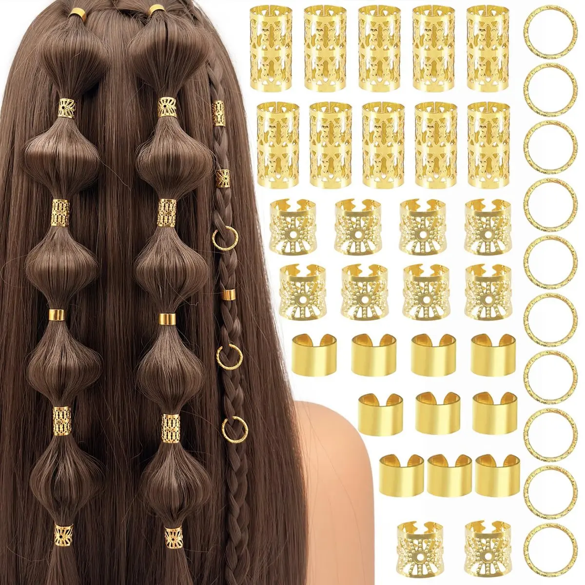 40Pcs Adjustable Alloy Hair Cuffs & Rings for Braids, Bohemian Style Gold-Tone Hair Jewelry Set with Intricate Details, Festival & Party Hair Accessories for Women's Dreadlocks and Twists