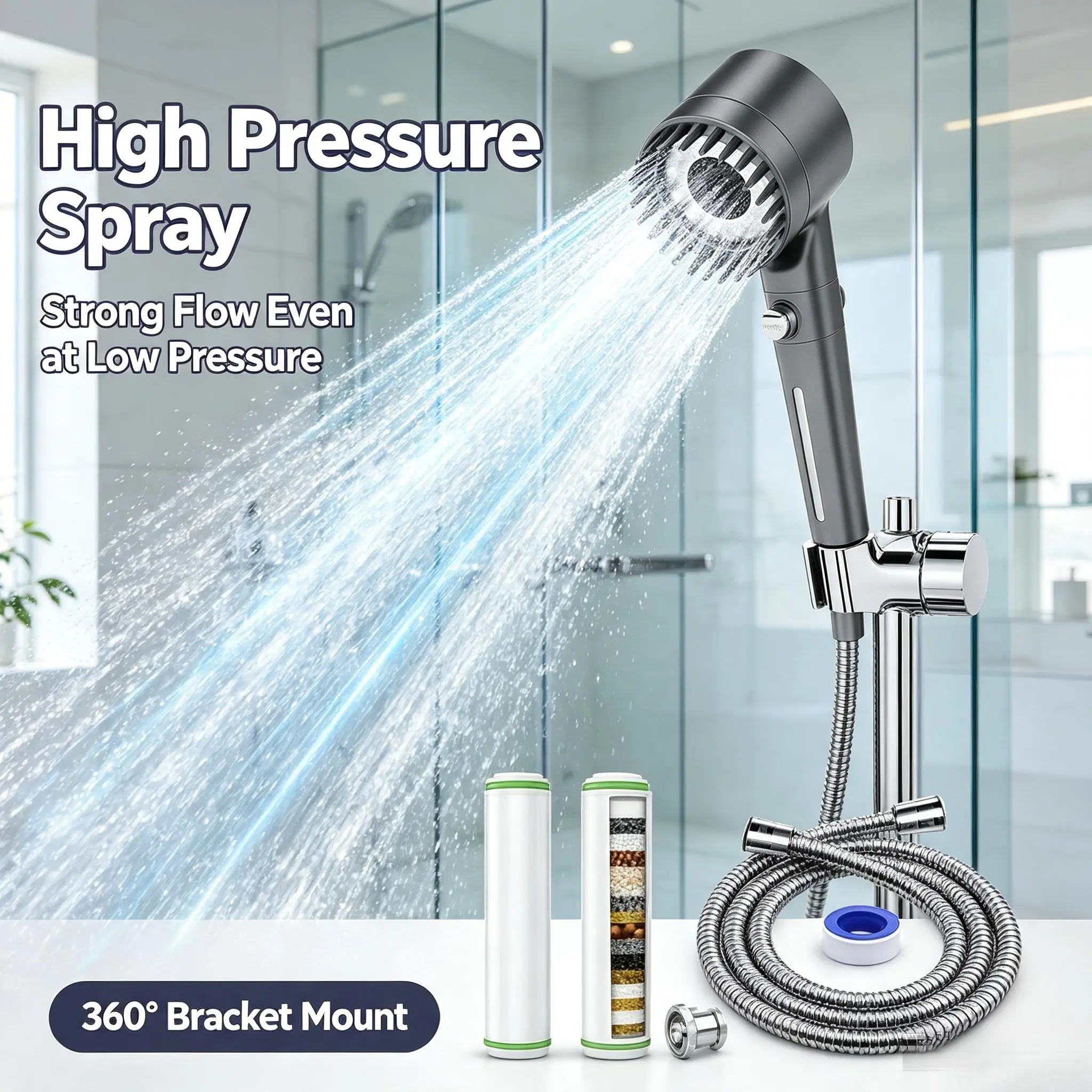 Filtered Shower Head Set, High Pressure Handheld Showerhead with ON‑OFF Pause Switch, Multi‑Spray Modes,4 Replacement Filter Cartridges, 59 Inch Stainless Steel Hose, Tool‑Free Installation for Bathroom