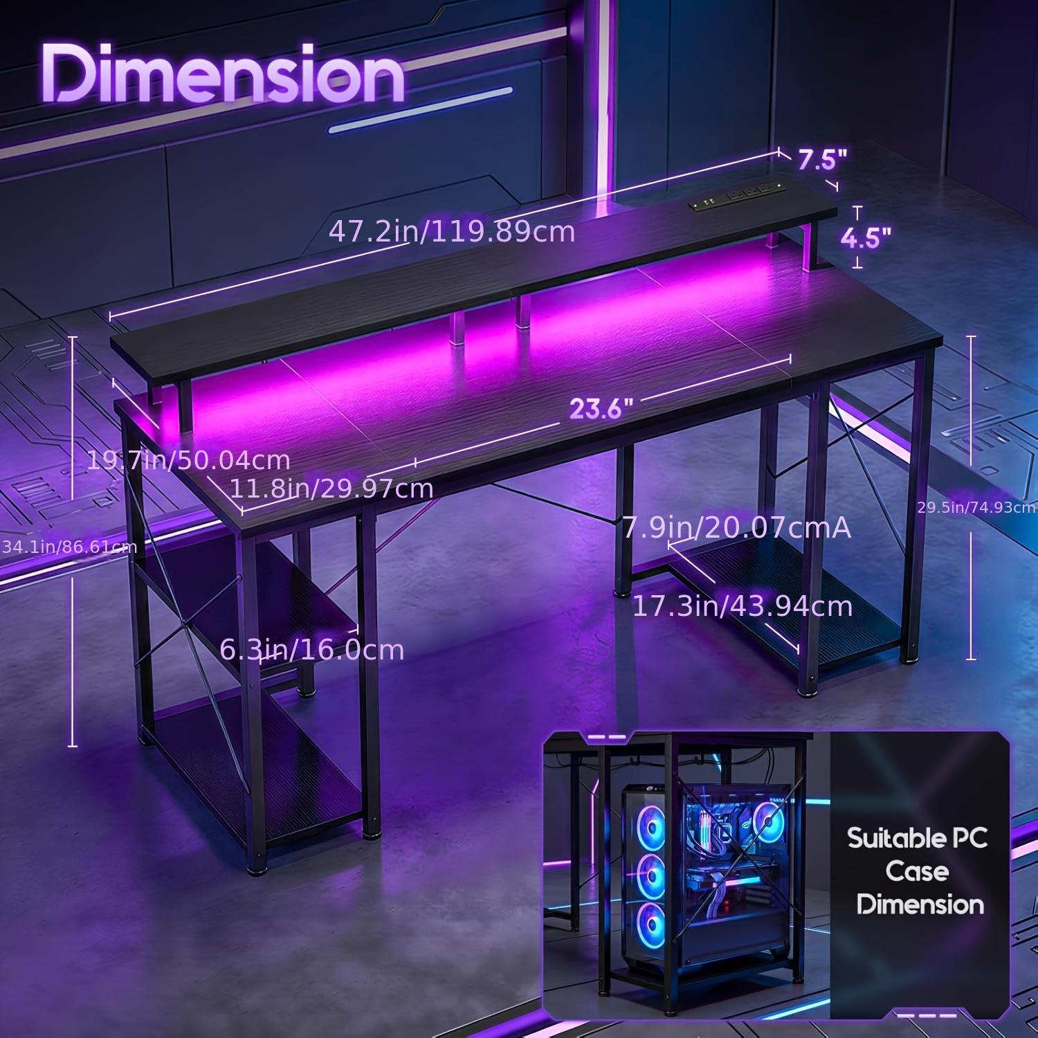 Home Office Desk Desk with LED Lights & Power Outlets, Gaming Study Desk with CPU Stand, Monitor Stand & Storage Sheves