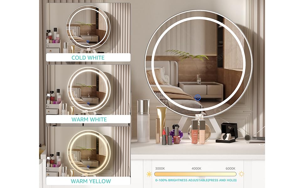 Lufeiya White Makeup Vanity Desk with Mirror and Lights, 40 inch Make Up Vanity Desks with Fabric Drawers & Power Outlet, Dressing Table and Chair Set for Girls Bedroom, White/White Gold, Get Free Gift