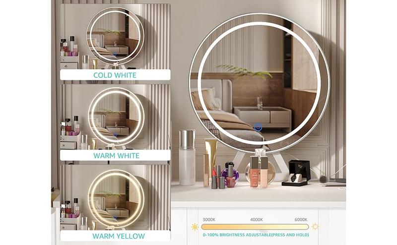 Lufeiya White Makeup Vanity Desk with Mirror and Lights, 40 inch Make Up Vanity Desks with Fabric Drawers & Power Outlet, Dressing Table and Chair Set for Girls Bedroom, White/White Gold, Get Free Gift