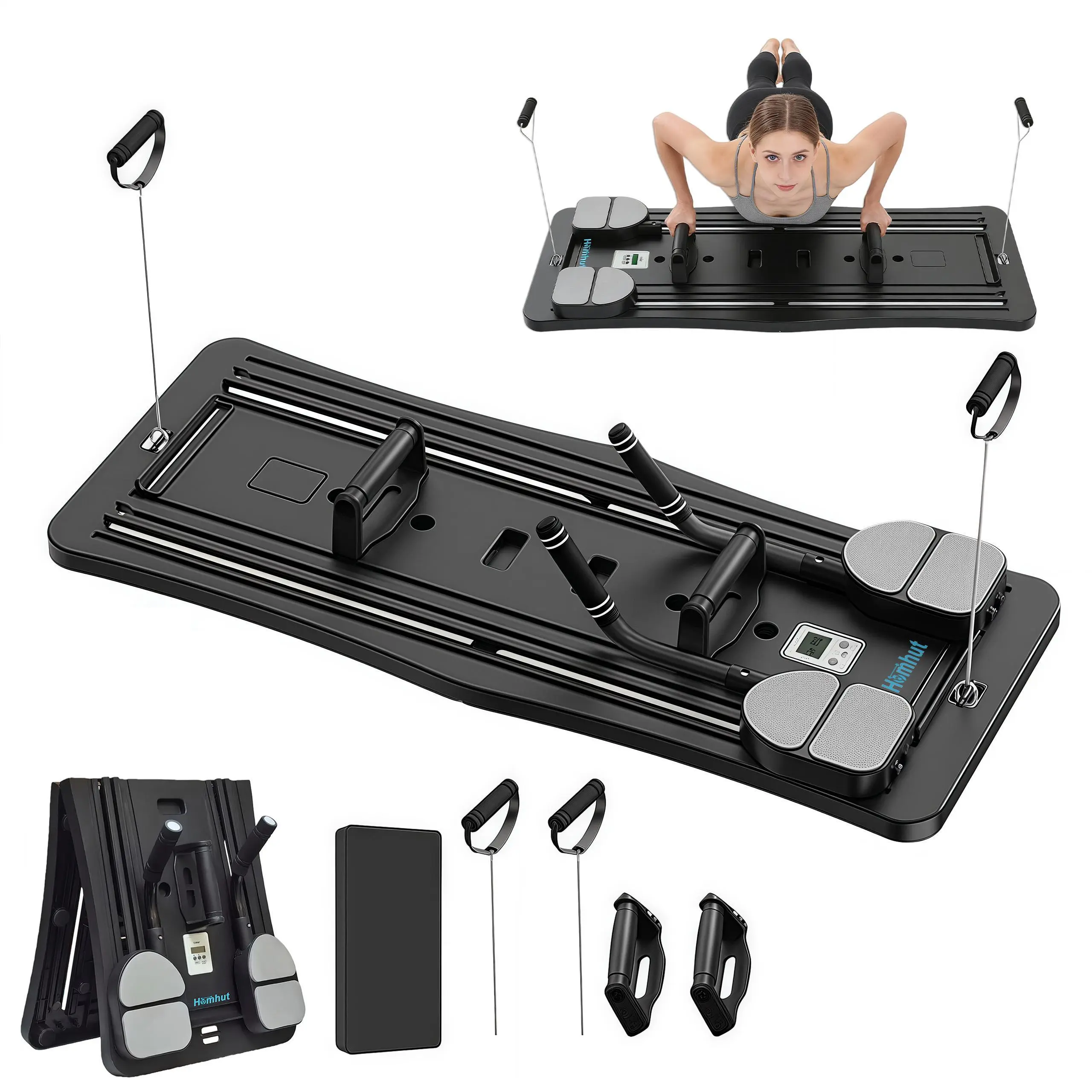 4-in-1 Abdominal Exercise Board - Foldable Ab Exercise Workout Equipment for Home Workout, with Smart Timer, Safe Protection, Thickened Silicone Elastic Rope, High Elastic Rebound & Non-Slip Mat