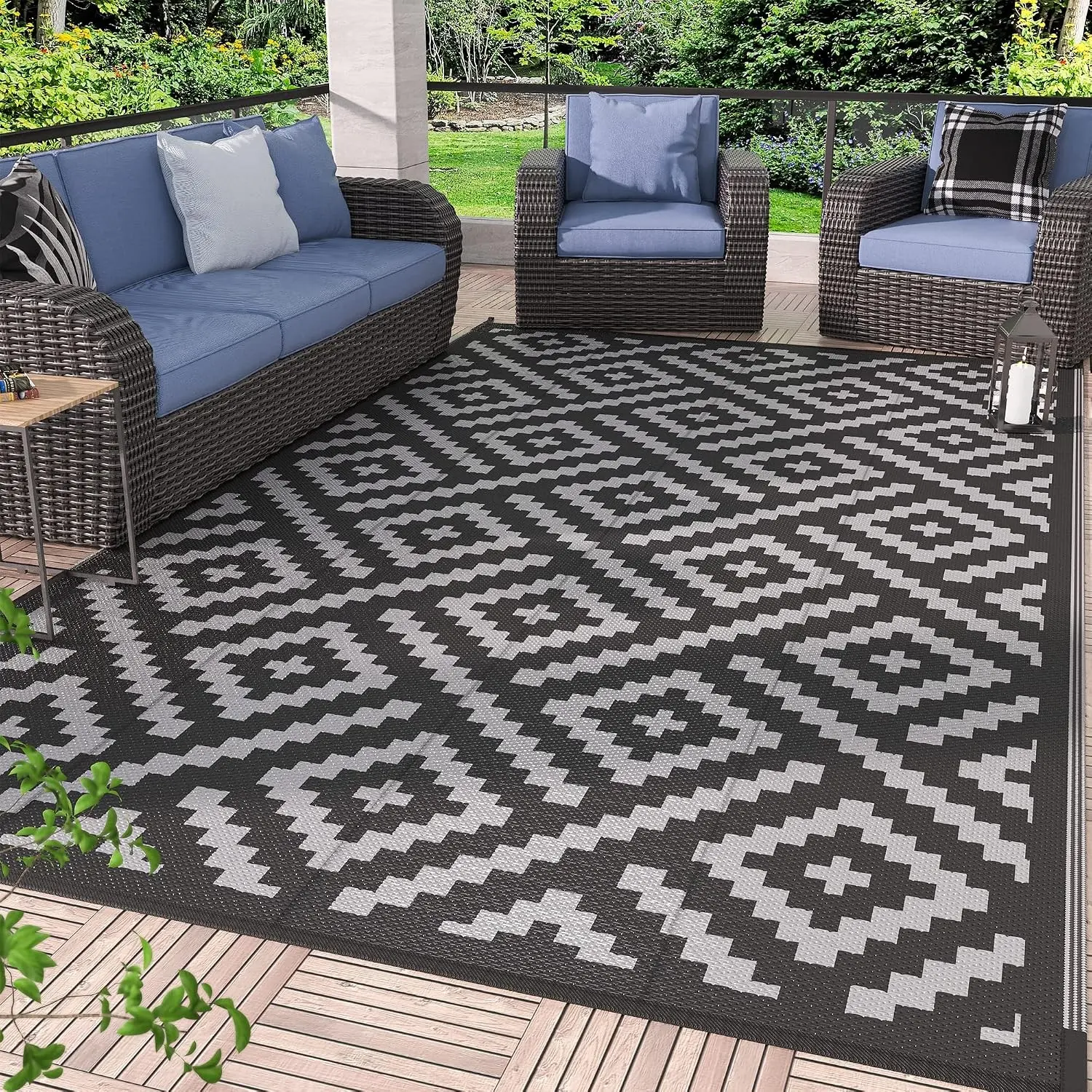 5'x8' Rectangle Outdoor Polypropylene Rug, Waterproof Geometric Plastic Mat, Oeko-Tex Safe Large Sizes Reversible Foldable for Patio, Porch Decor, Camping