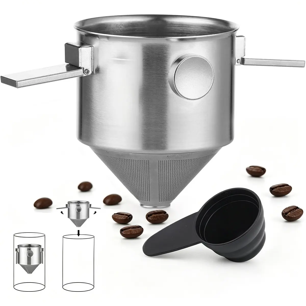 Portable Pour over Coffee Dripper with Spoon, Stainless Steel Reusable Filter, Mini Collapsible Paperless, Easy Clean for Travel & Office