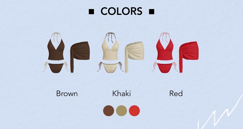 Cider Texture Halter Neckline Lettuce Trim Knotted Tankini Tie Side Bikini Set With Sarong