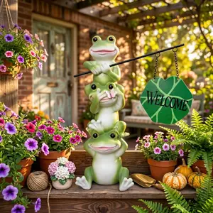 Stackable Frog Garden Statue with Welcome Sign, Resin Outdoor Sculpture, Garden Sculptures, Perfect for Patio, Courtyard, Lawn Decor, Unique Spring Porch Decoration, Moving Gift