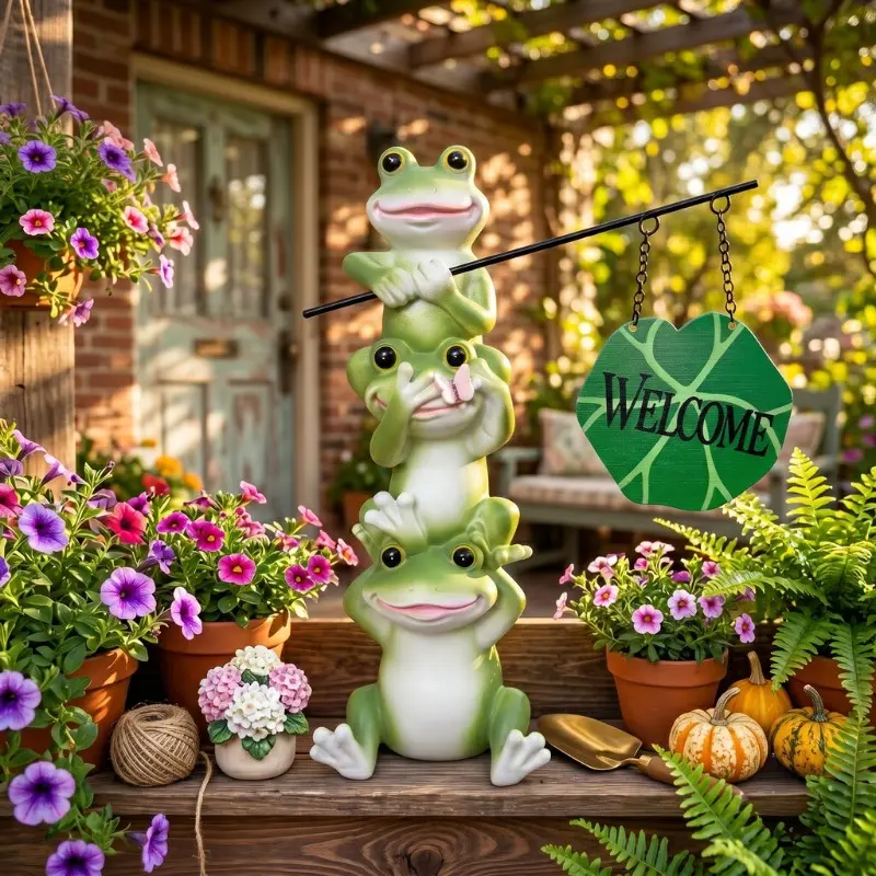 Stackable Frog Garden Statue with Welcome Sign, Resin Outdoor Sculpture, Garden Sculptures, Perfect for Patio, Courtyard, Lawn Decor, Unique Spring Porch Decoration, Moving Gift