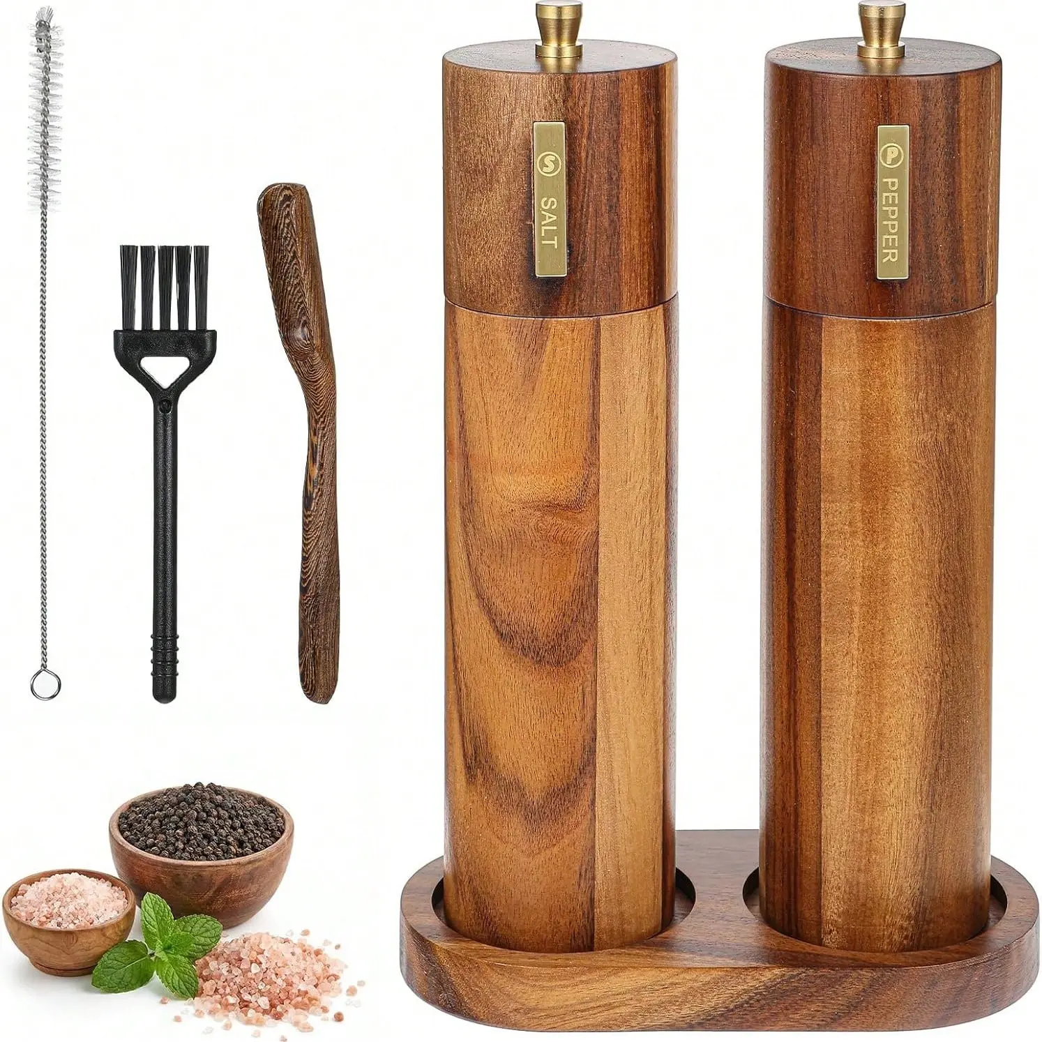 Wooden Salt and Pepper Grinder Set, Adjustable Coarseness, Reusable Spice Grinders with Wooden Tray, Kitchen Essential, Seasoning, Utensils