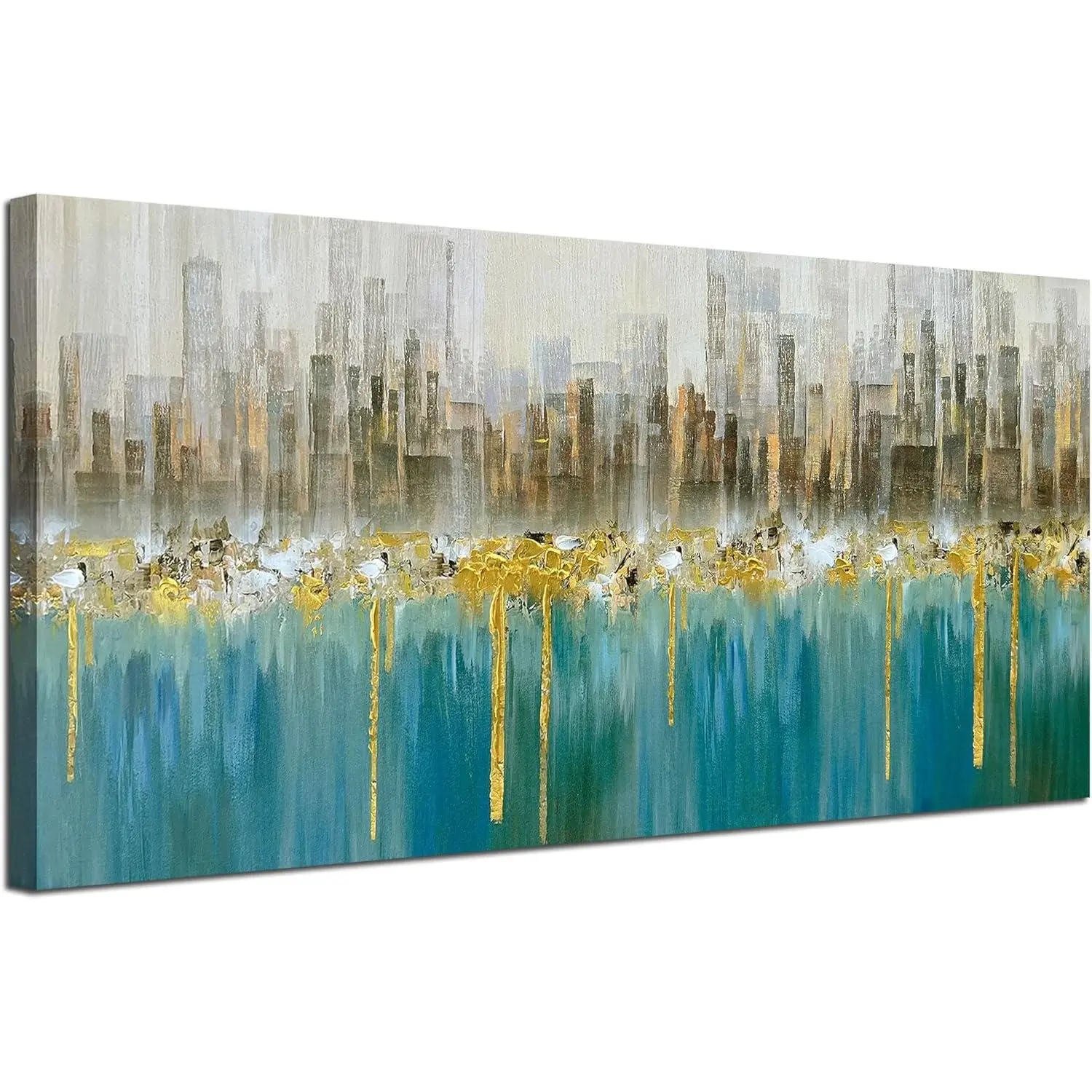 Ardemy Teal Abstract Cityscape Canvas Wall Art Modern Skyline Gold Textured Painting, Grey Buildings Large Size 40"x20" Picture Turquoise Artwork Framed for Living Room Bedroom Home Office Wall Decor