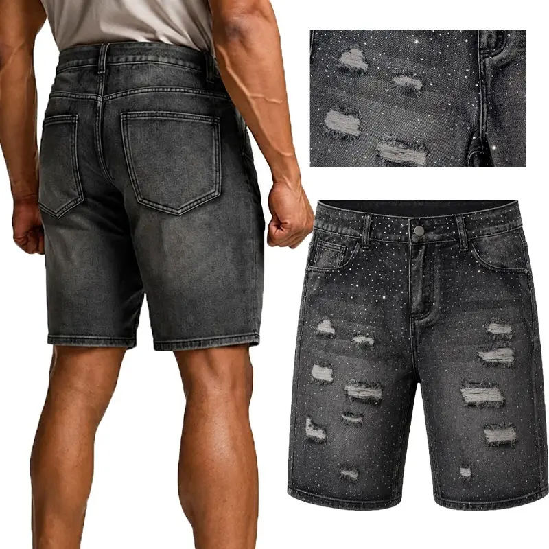 Y2K Punk Distressed Denim Jean Shorts For Men Full Body Sprinkled Rhinestone Decor Vintage Black Grey Washed Knee Length Regular Fit Hip Hop Night Out Everyday Casual Shorts