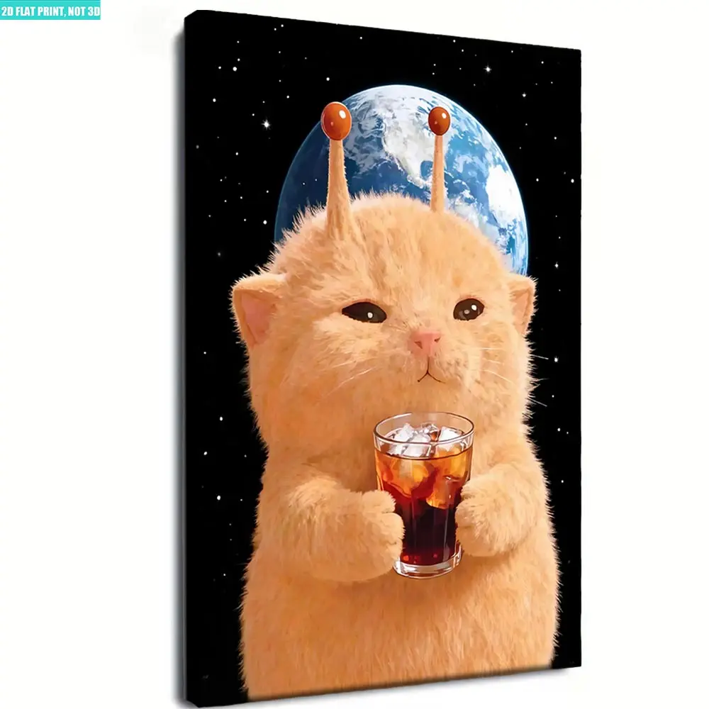 Funny Alien Cat Meme Canvas Wall Art Space Cat Poster Prints Cute Orange Kitten Holding Iced Soda Cola Photo Graphic Artwork Living Room Garage Man Cave Decor Picture Room Backdrop
