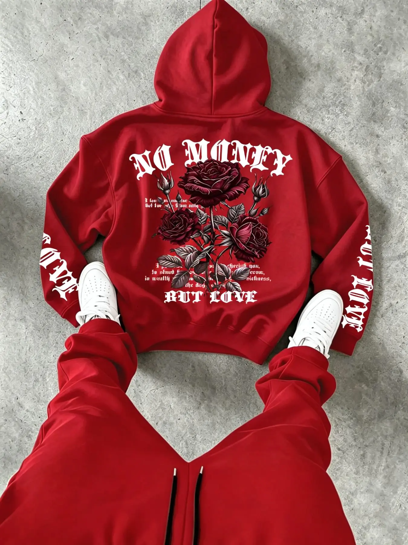 High Street Trendy Men's Hooded Sweatshirt, Drop Shoulder Design, Rose Flower Pattern, Fall & Winter Street Style, Essential Fashion Item