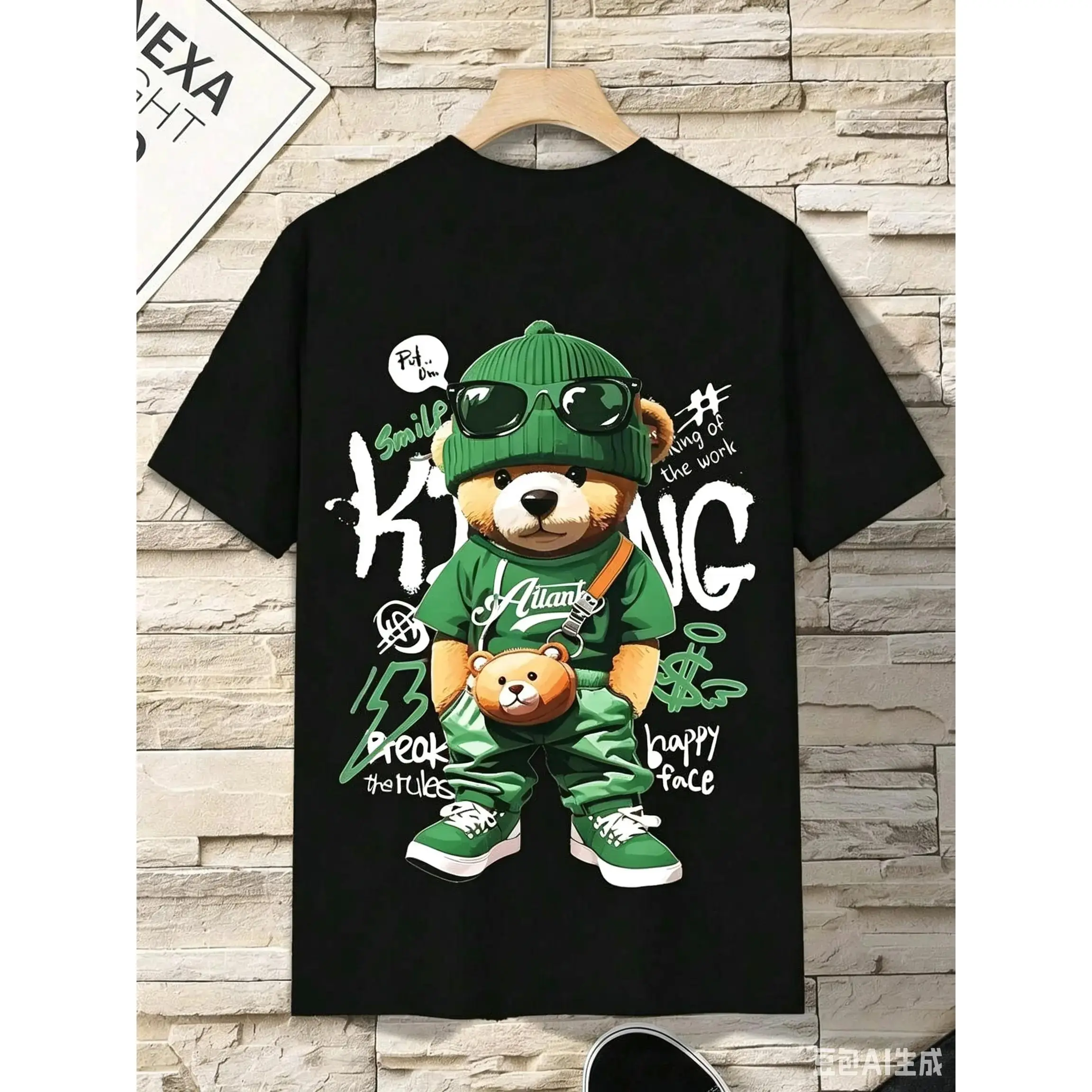 Women's Cotton Round Neck Shortsleeve T-Shirt - Bear Graphic, Alphabet Pattern, Relaxed Fit, Lightweight Garment for All-Season Wear