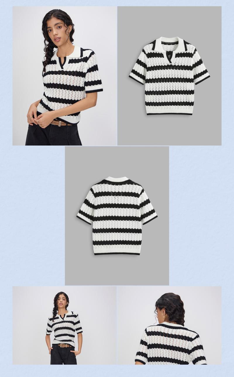 Cider [size 2-10] French Riviera Vacation Polo Striped Hollow Out Knitted Short Sleeve Top