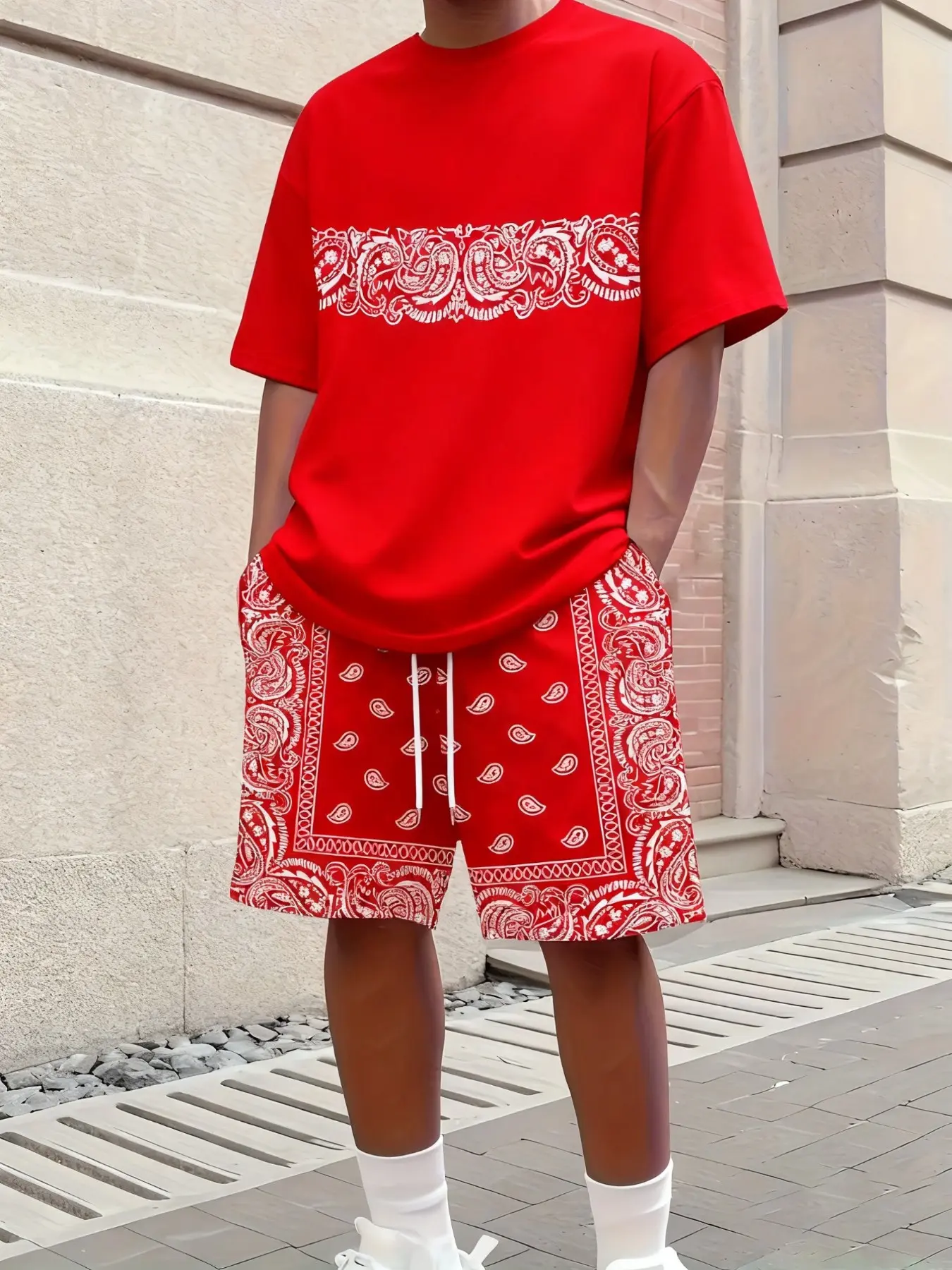 American style men's summer suit, symmetrical cashew flower detail print, daily commuting casual Menswear