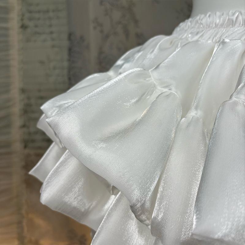 Satin Puffy Cake Skirts Women's Sweet Short Chic Ruffle Mini Skirt Preppy Style Girls Princess Lolita Cosplay Skirts Black/White