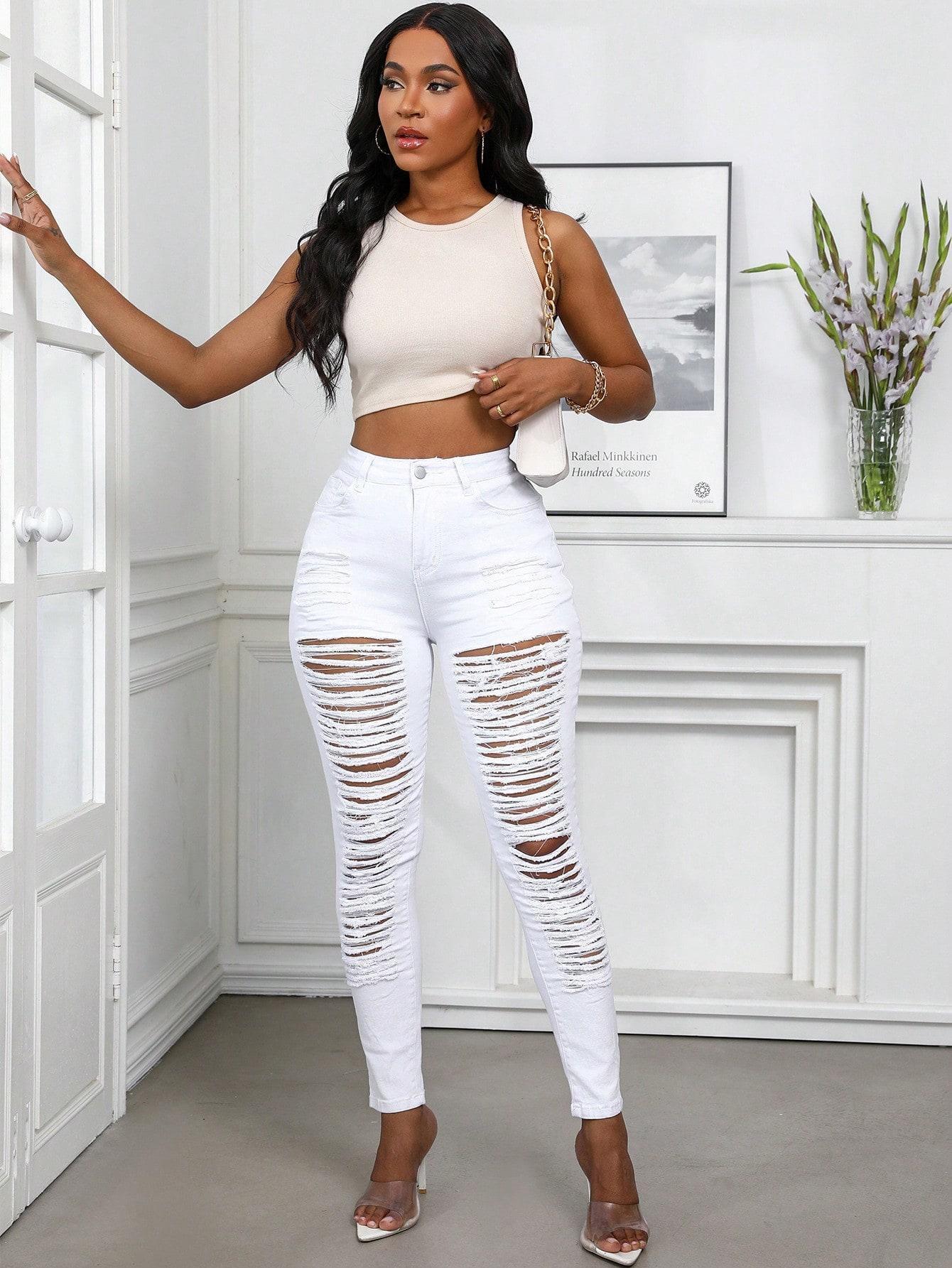 High Waist Extreme Ripped Skinny Jeans | Heavy Distressed Destroyed Denim | Sexy Cut-Out Pants for Women 2026