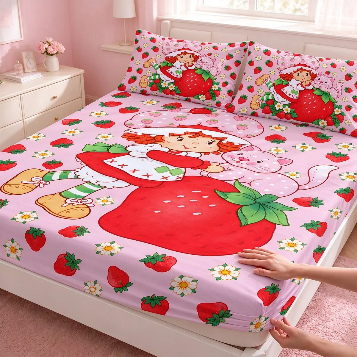 3-Piece Strawberry Sweetheart Cartoon Print Bedding Set (includes 1 fitted sheet and 2 pillowcases; comforter and pillow inserts not included). Featuring a cute, sweet pink design, it is perfect for home or dorm decor and makes an excellent holiday gift.
