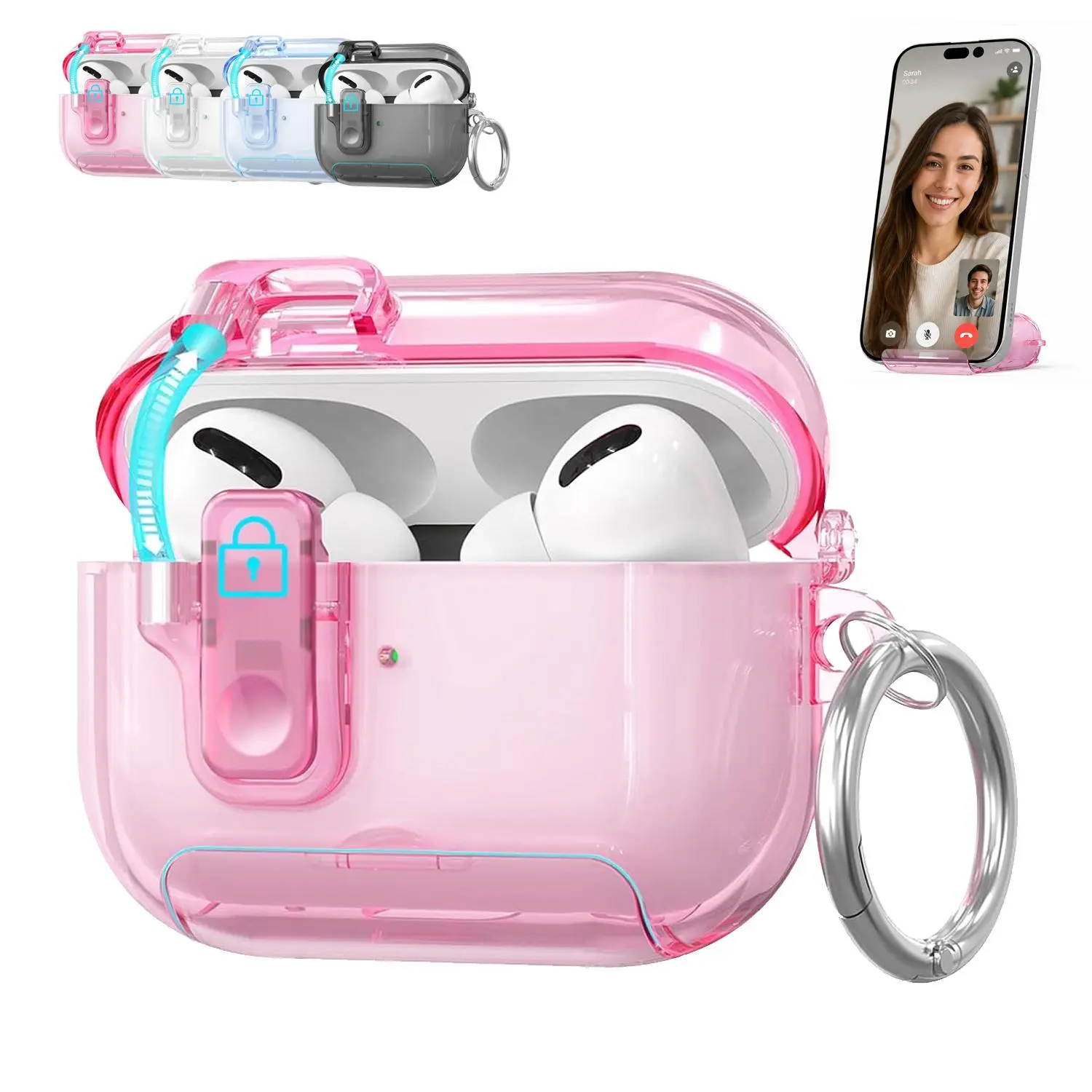 Clear Case for AirPods 4 & AirPods Pro 3/2/1 with Magnetic Lock, Transparent Shockproof Protective Cover with Hidden Phone Stand, Slim Original-Look Earbuds Case with Keychain Ring