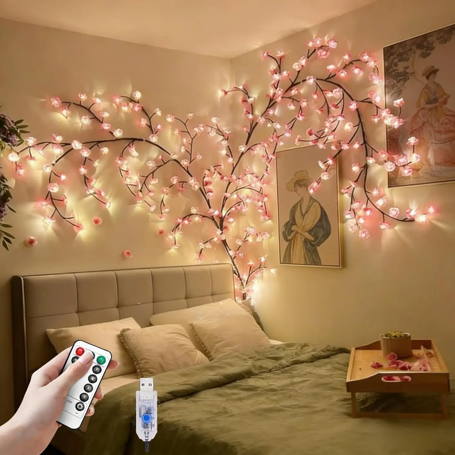 Cherry Blossom Lights for Bedroom Wall Decor, 4FT 48 LED DIY Cherry Blossom Decorations,LED Blossom Tree Flower Lights,Pink Aesthetic Room Decor,Remote Timer,8 Lighting Modes