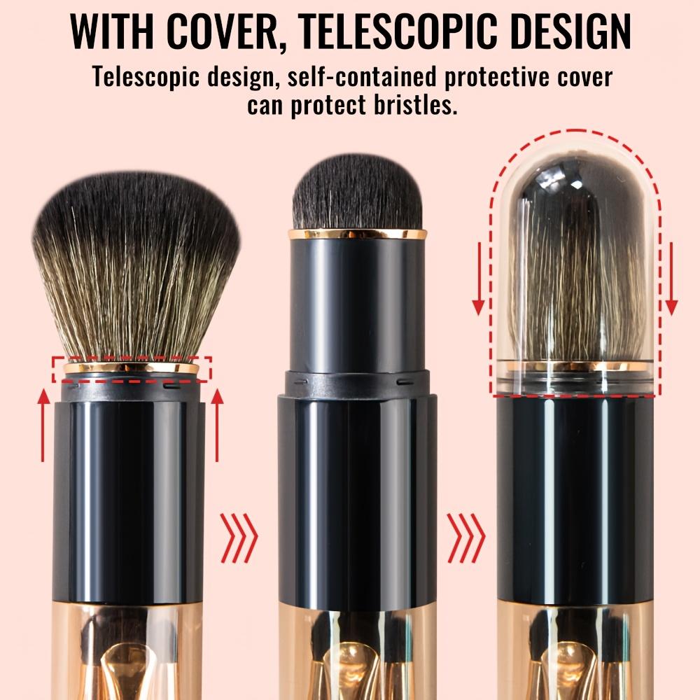 6-in-1 Extendable Makeup Brush Set with Retractable Blush & Foundation Brush & 2 Double-Ended Eyeshadow Brushes - Portable Travel-Friendly Compact Suitable for Skin Types, Concealed Angled Foundation Tip, Detachable Nylon Bristles for -the-