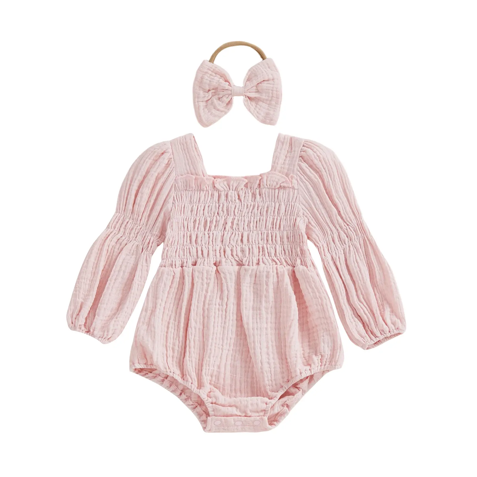 FOCUSNORMSmocked Baby Girl Clothes Newborn Girl Bubble Romper Long Sleeve Jumpsuit And Headband Outfit Cute Infant Clothing