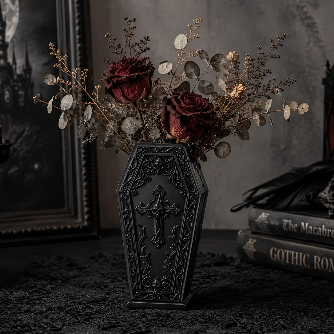 Gothic Coffin Vase, Skull Cross Relief Floral Arranger, Halloween Unique Desktop Decor, Vintage Coffin Shape Flower Vase, Creative Dry Flower Holder