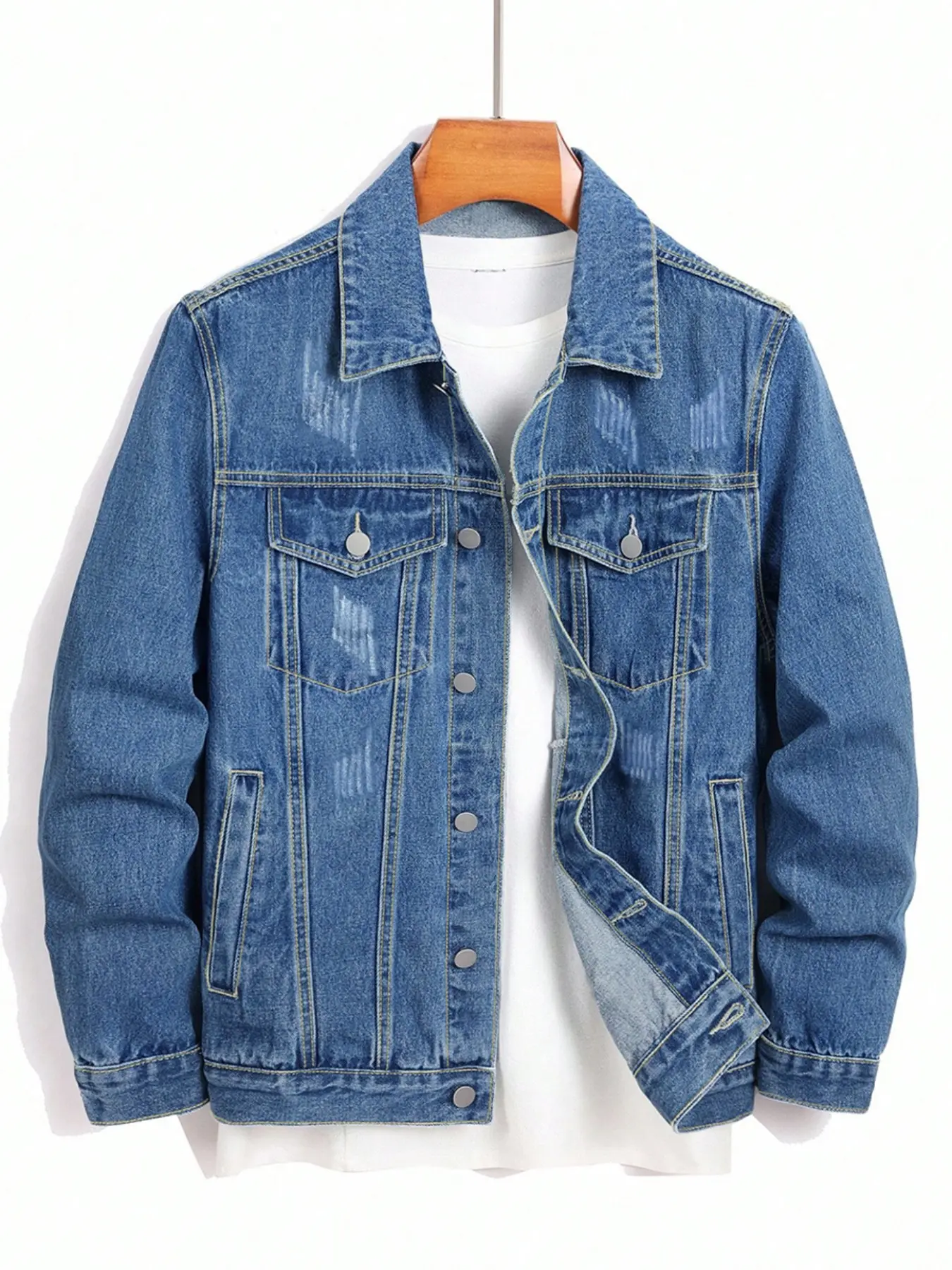Men's Plus Size Light Blue Denim Jacket, Long Sleeve Loose-Fit Casual Style, Metal Buttons & Chest Pockets, All Seasons Wear