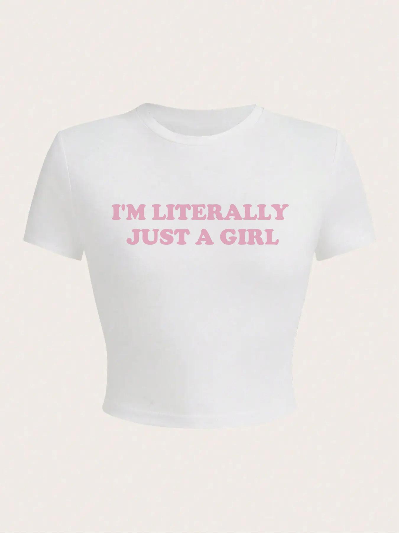 Women's "I'm Literally Just A Girl" Slogan Print Round Neck Crop Tee, Fashion Casual Crew Neck Short Sleeve T-shirt for Daily Outdoor Wear, Ladies Clothes for All Seasons, Graphic Print Top