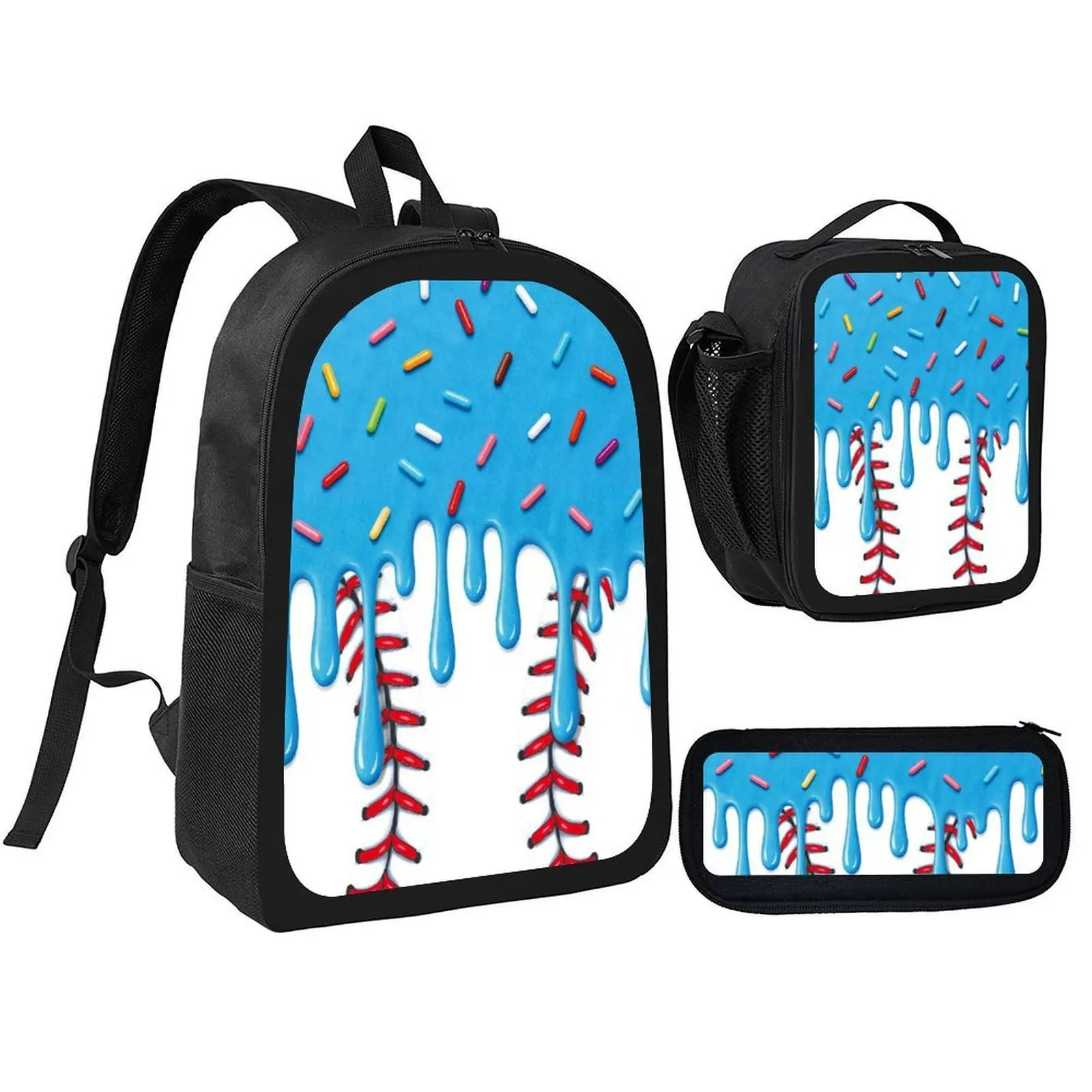 Cute Baseball Ice‑Cream Print 3‑Piece Backpack Set,17 Inch Single Layer School Backpack with Insulated Lunch Box & Pencil Pouch,Durable Kids Bookbag for Back To School,Travel,Car Back‑seat Storage for Boys Girls Teens Student Daily Use