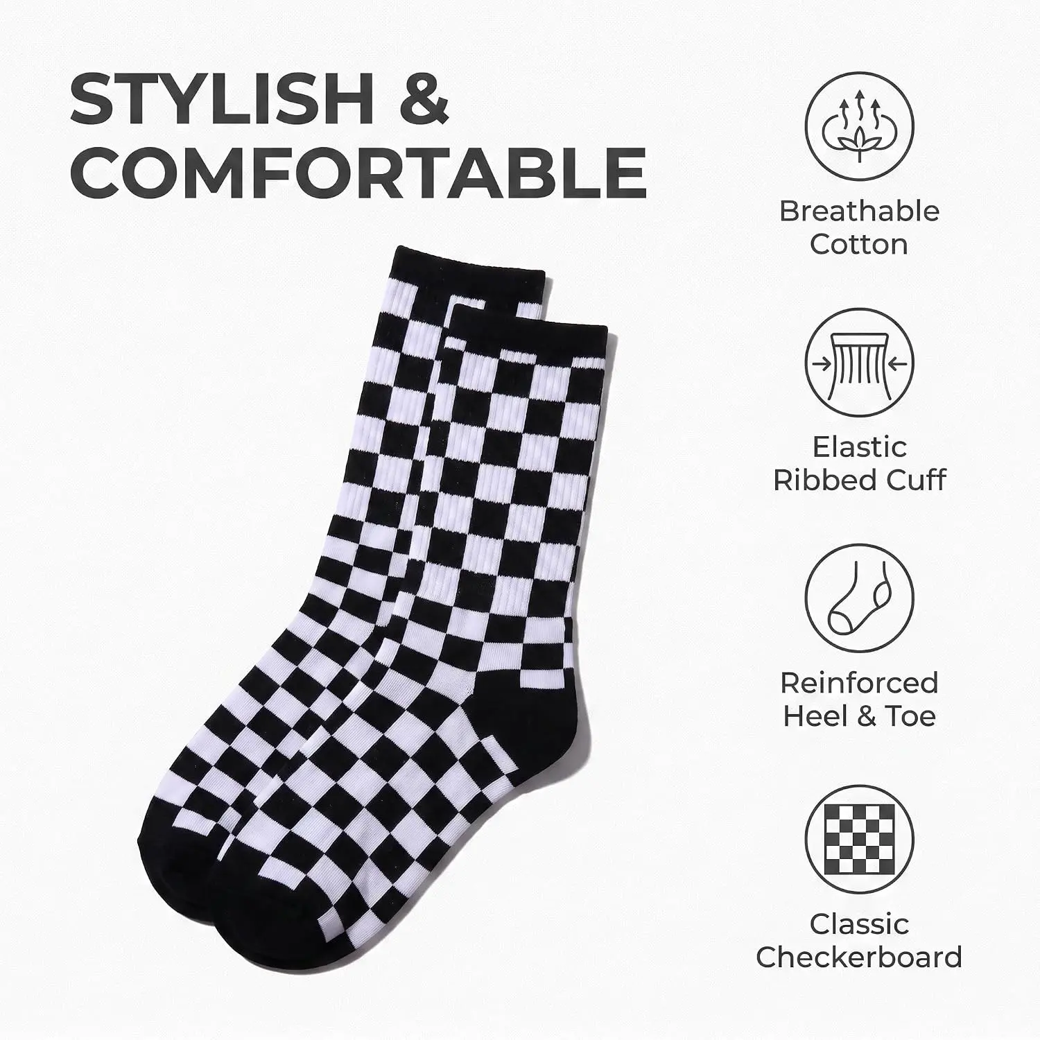 1Pair Fashion Harajuku Trends Checkerboard Socks Geometric Checkered Hip Hop Cotton Unisex Print Skateboard Easy to Wear Novelty(Gift)