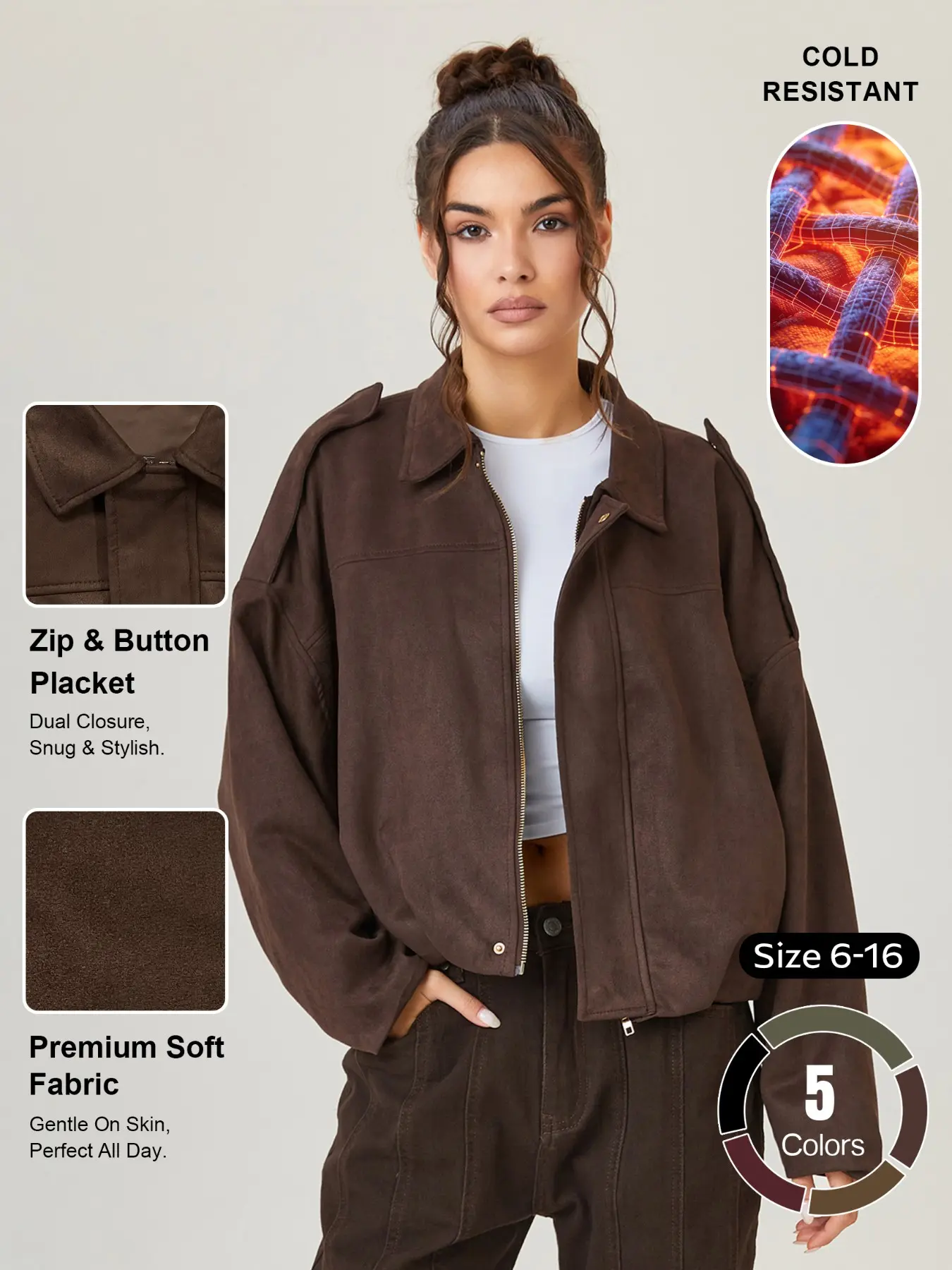 Women's Faux Suede Cropped Casual Jacket, Lapel Collar Loose Fit Drop Shoulder Zip Up Casual Outerwear
