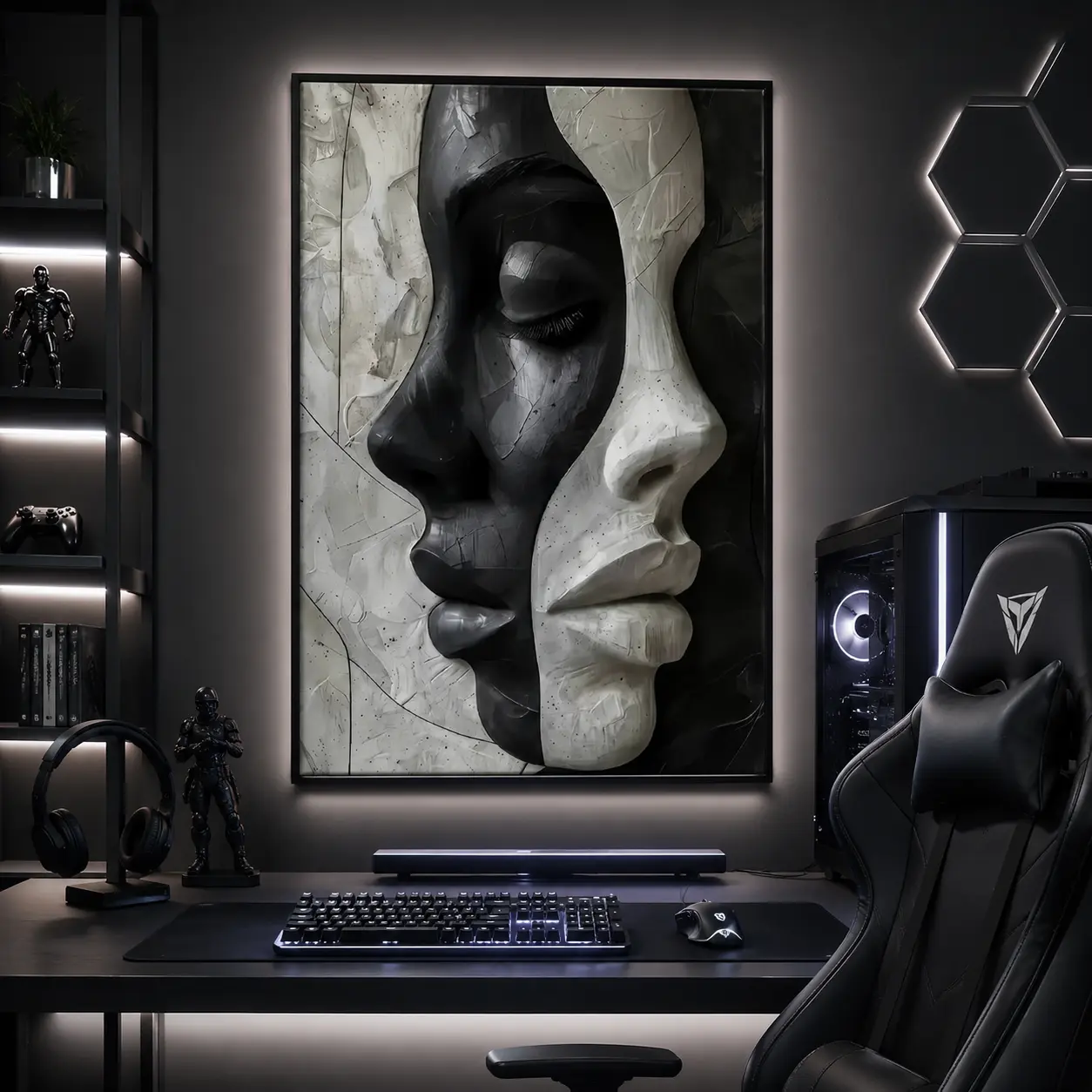 Abstract Black White Facial Canvas Print Wall Art, Modern Minimalist Mixed Media Artwork, Contemporary Portrait Decor for Bedroom Living Room Office Studio, Aesthetic Home Interior Decoration, Trendy Statement Piece Wall Hanging Gift for Art Enthusiasts