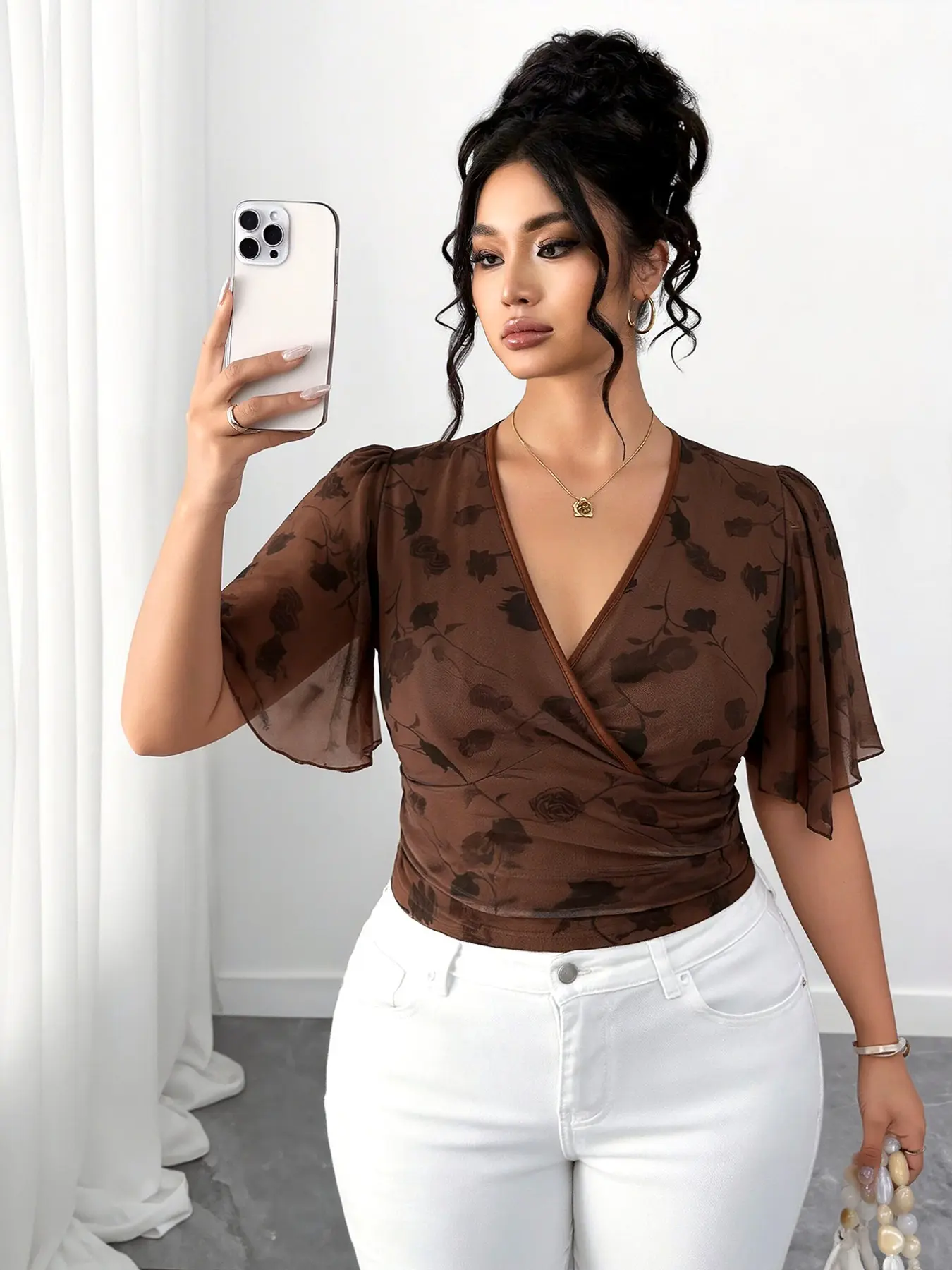 Plus Size V Neck Flutter Sleeve Floral Print Short Top, Ruched Waist Slimming, Daily Date Commute