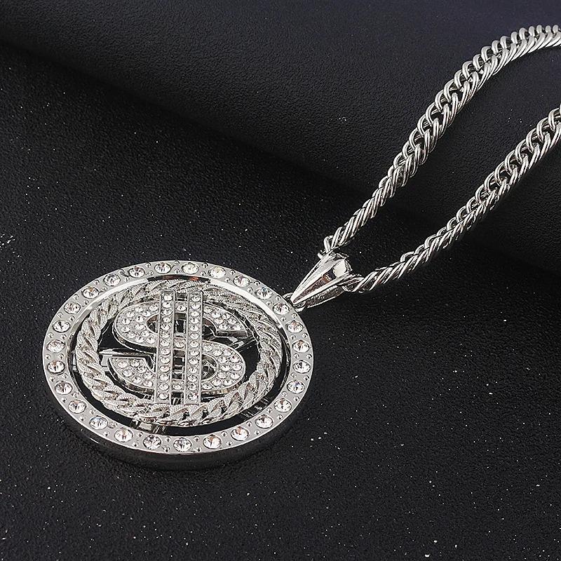 Big Rotatable US Dollar Money Sign Pendant Necklace Rapper Hip Hop Punk Long Chain Women's Statement Gift Jewelry