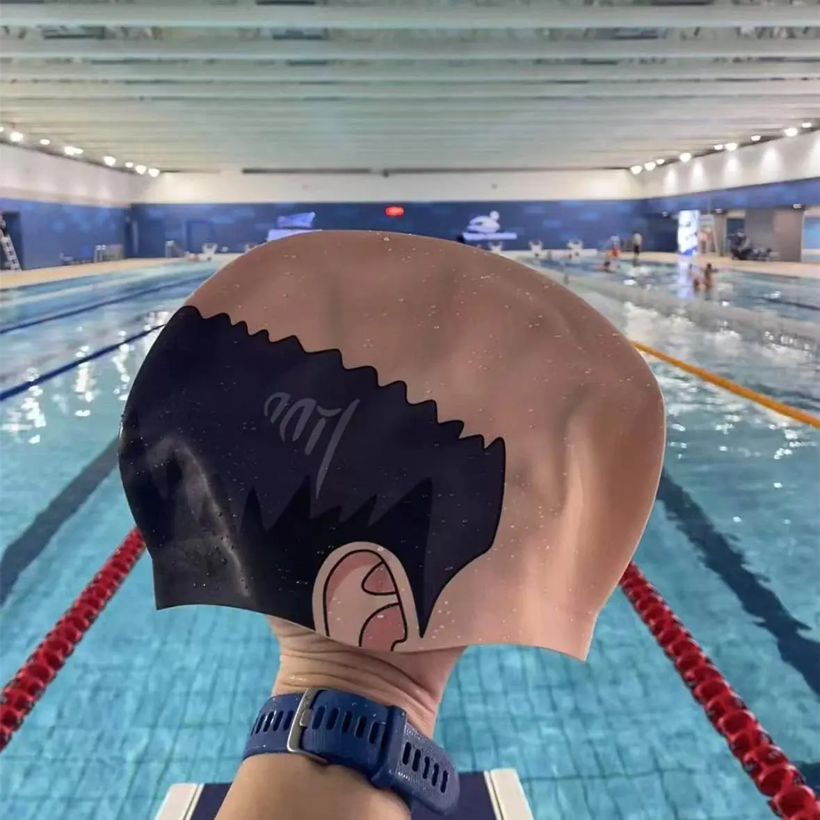 Funny Bald Head Swim Cap - Mediterranean Print Silicone Swimming Hat for Cosplay & Pools (Unisex, Waterproof, Anti-Slip)