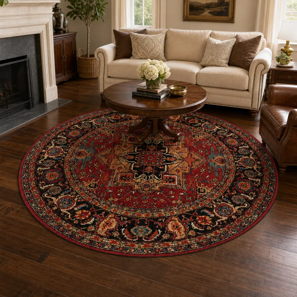 Oriental Vintage Round Polyester Fibers Short Pile Area Rug, Persian Medallion Floral Carpet, Boho Traditional Accent Rug for Indoor Living Room, Bedroom Decor
