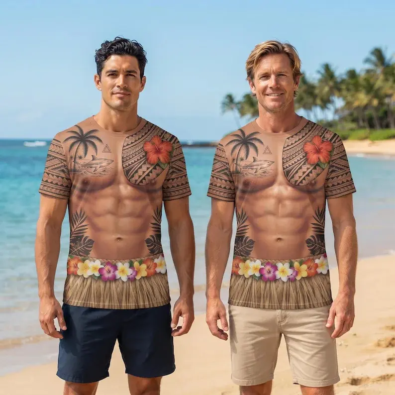 Novelty 3D Muscle Tattoo T-Shirt, Hawaiian Beach Tee, Polynesian Tribal Tee, Funny Summer Vacation, Tropical Outfit Gift, Gift for Him