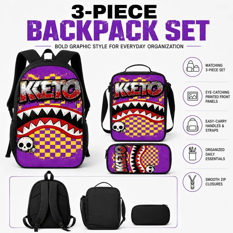three-piece backpack set, including a large-capacity backpack, a crossbody bag, and a pencil case, with a purple base featuring yellow and purple checkered patterns and a shark mouth design, in a street fashion style