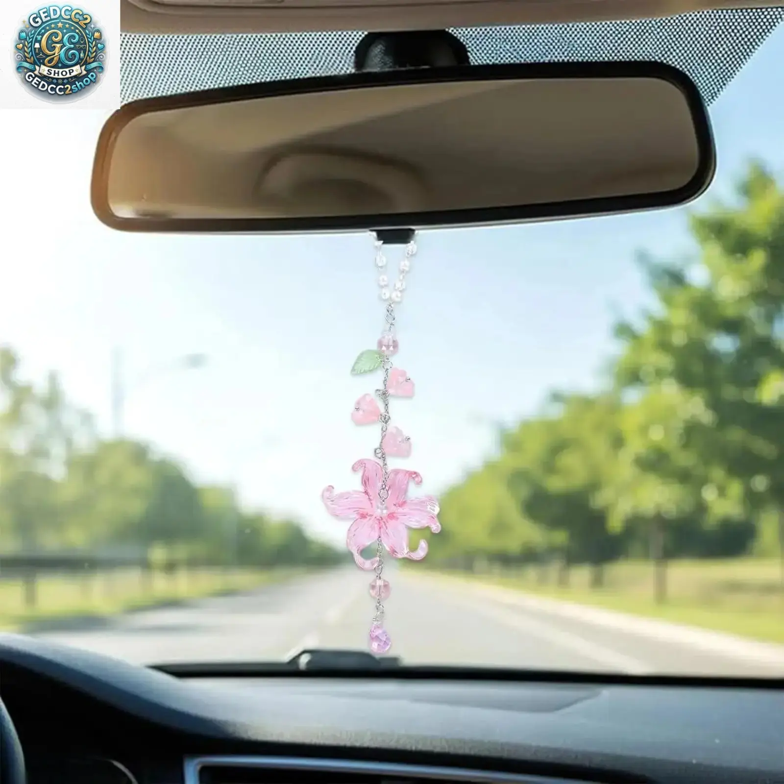 Crystal Suncatcher Car Hanging Decor, Flower Rearview Mirror Charm with Resin Beads, Boho Car Interior Accessory with Sparkling Light Catcher Design