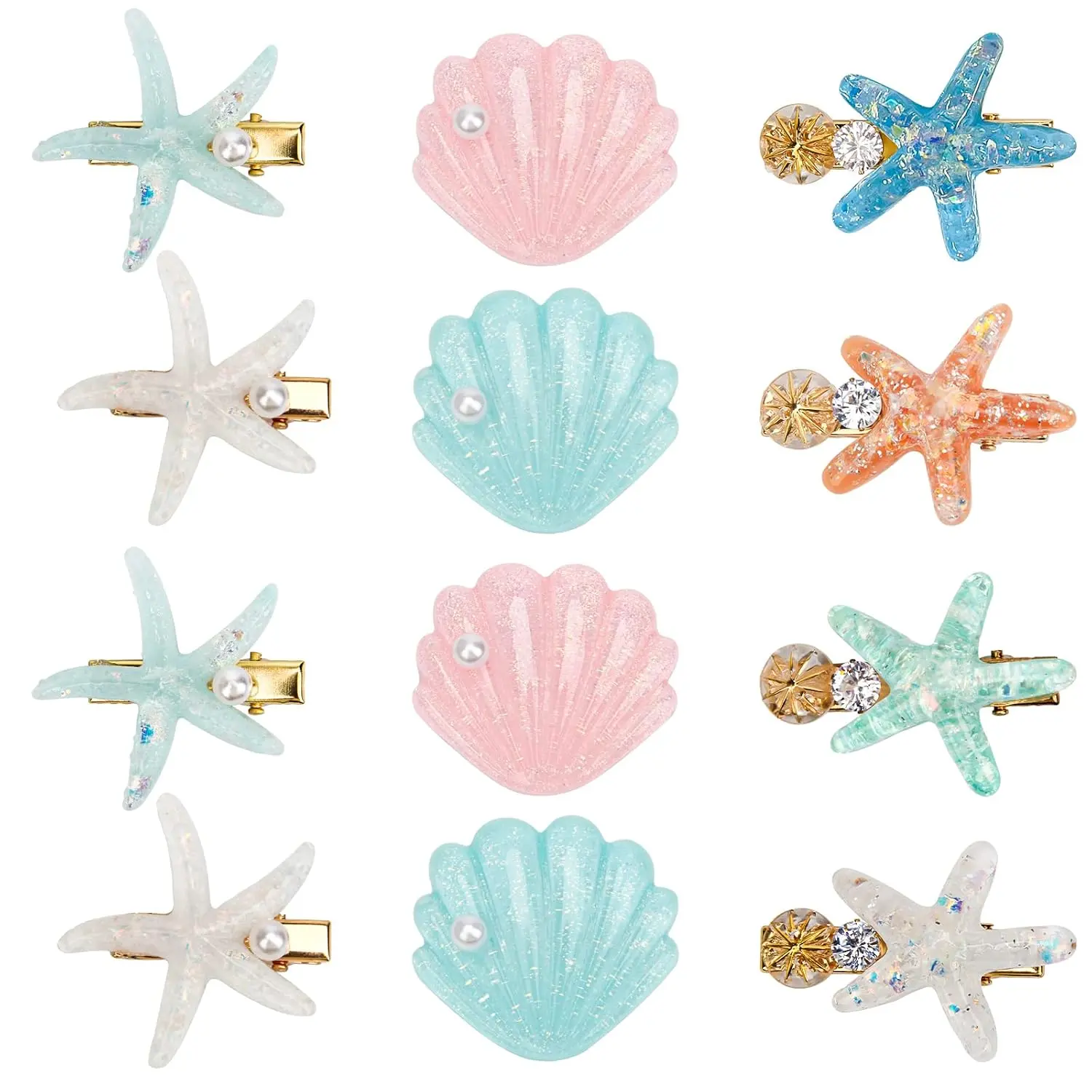 12 Pieces Catcan Starfish and Seashell Hair Clips Set - Artificial Hair Accessories for Women's Headwear Styling