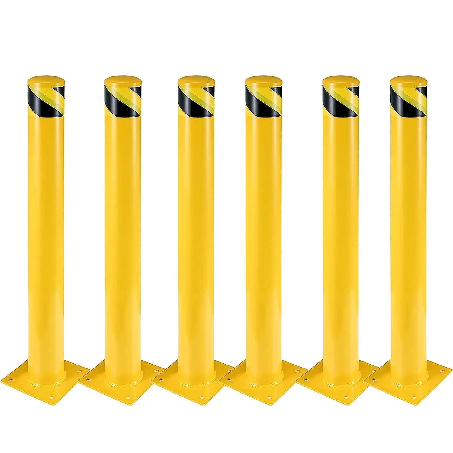 Garvee Safety Bollards 6 Packs, Garvee 91.4 cm Height Bollard Posts, 11.4 cm Diameter, Yellow Steel Safety Bollard with 24 Anchor Bolts, for Traffic Control, Driveway Blockade, Parking Pole